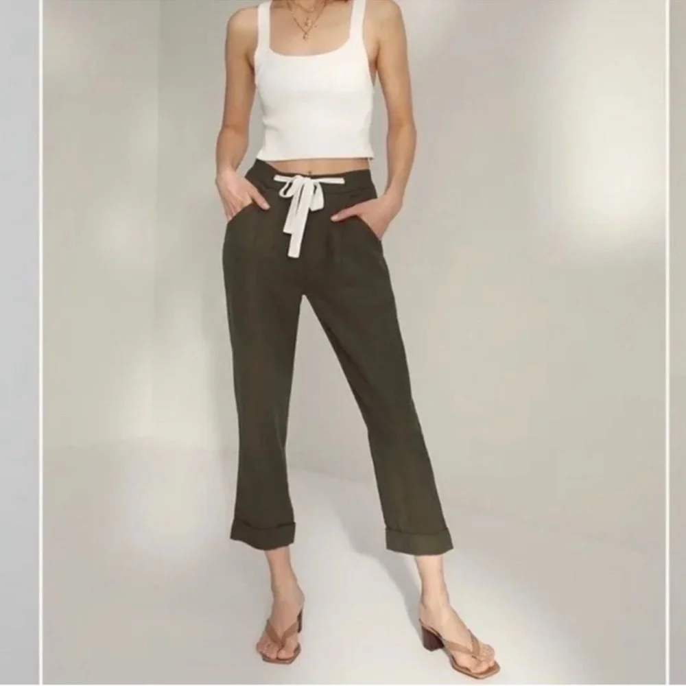Aritzia Wilfred Allant Linen High Rise Tie Waist Pants Green Size 8